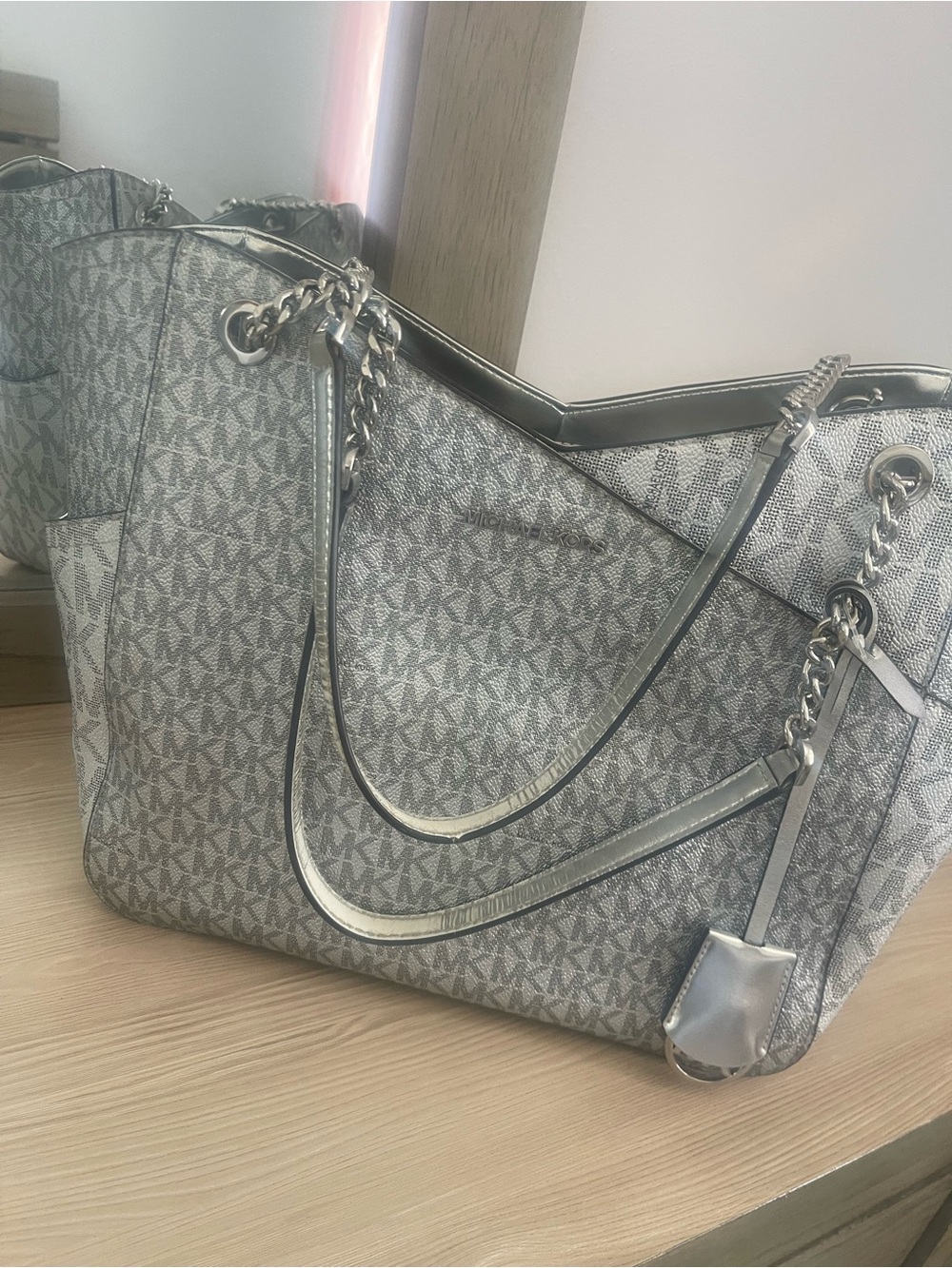 Michael Kors Silver Monogram Chain Shoulder Tote